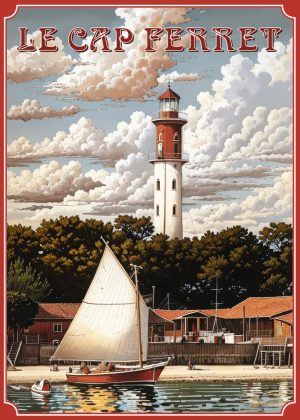 ARCACHON style illustration vintage, le phare du Cap Ferret