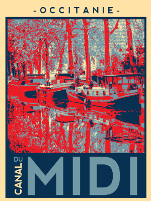 CANAL DU MIDI, style affiche vintage bicolore, péniches 2