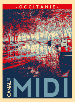 CANAL DU MIDI, style affiche vintage bicolore, péniches