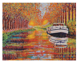 CANAL DU MIDI, style peinture, reflets d’automne péniche 2