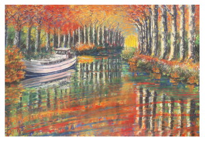 CANAL DU MIDI, style peinture, reflets d’automne péniche