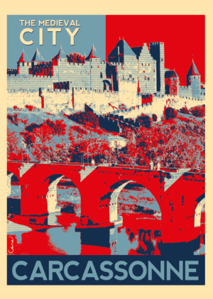 CARCASSONNE style affiche vintage bicolore, la cité médiévale