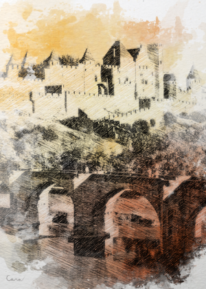 CARCASSONNE style dessin traditionnel, la cité médiévale, le Pont Vieux