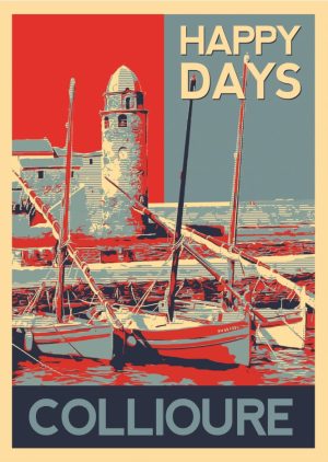 COLLIOURE style affiche vintage bicolore, Église Notre-Dame-des-Anges et les barques catalanes