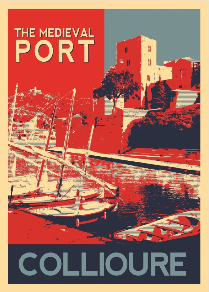 COLLIOURE style affiche vintage bicolore, le château Royal et les barques catalanes