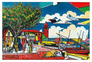 COLLIOURE style cubisme, Église Notre-Dame-des-Anges et les barques catalanes