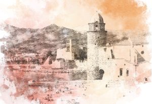 COLLIOURE style dessin traditionnel, Église Notre-Dame-des-Anges et Le château royal