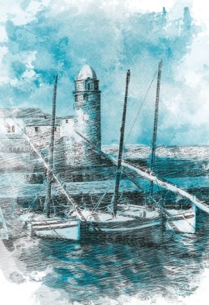 COLLIOURE style dessin traditionnel, Église Notre-Dame-des-Anges et les barques catalanes