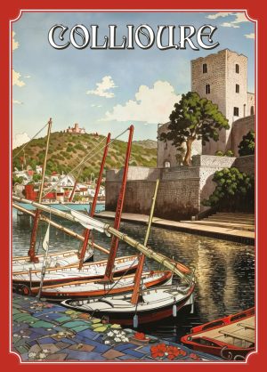 COLLIOURE style illustration vintage, barques catalanes et château royal