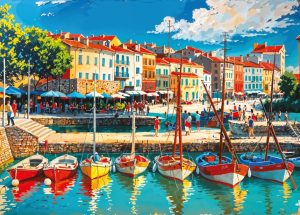 COLLIOURE style illustration vintage, barques catalanes, maisons de pécheurs