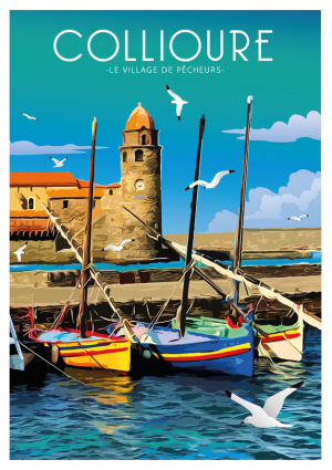 COLLIOURE style illustration vintage, barques et clocher