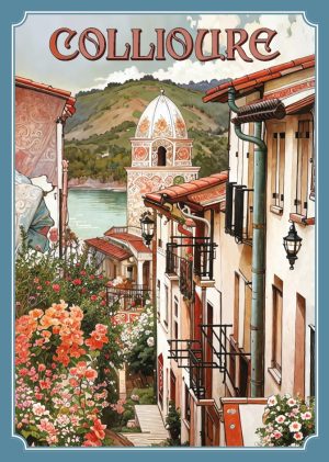 COLLIOURE style illustration vintage, le quartier du Mouré, Église Notre-Dame-des-Anges