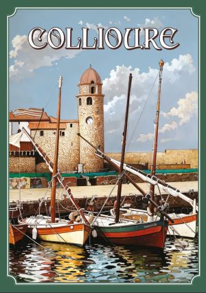 COLLIOURE style illustration vintage, les barques catalanes, Église Notre-Dame-des-Anges