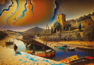 COLLIOURE style surréalisme, le château royal et les barques catalanes