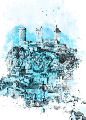 FOIX style dessin traditionnel, le château cathare