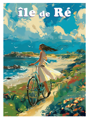 ILE DE RE style illustration vintage, sentier plage bicyclette