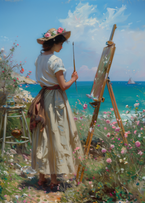 ILE DE RE-style peinture, femme peintre sentier plage