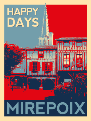 MIREPOIX style affiche vintage bicolore, les Couverts et le clocher
