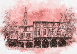 MIREPOIX style dessin traditionnel, les Couverts et le clocher