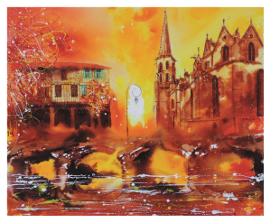 MIREPOIX style peinture, couverts, cathédrale et pont