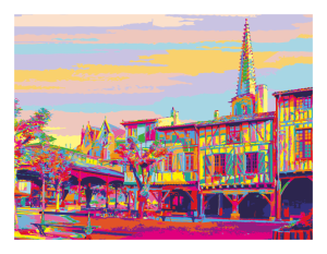 MIREPOIX style pop art, les couverts, la cathédrale, la halle