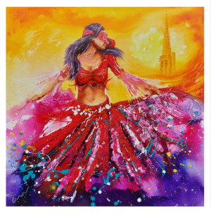 MUSIC style peinture, danseuse sur le parvis de la cathédrale de Mirepoix, Esmeralda 2