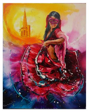 MUSIC style peinture, danseuse sur le parvis de la cathédrale de Mirepoix, Esmeralda