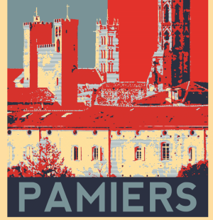 PAMIERS style affiche vintage bicolore, les trois clochers