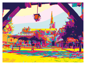 MIREPOIX, style pop art, Sous les couverts Vue cathédrale