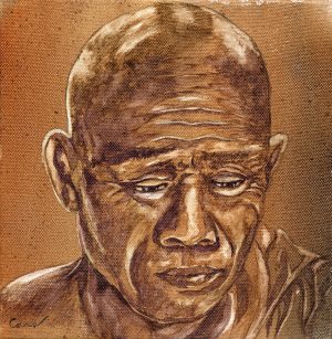 CAMBODGE, style peinture, Bonze portrait monochrome