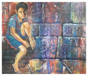 CAMBODGE, style peinture, Enfant sur mur