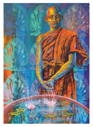 CAMBODGE, style peinture, le bonze au Lotus