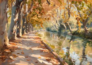 CANAL DU MIDI, style peinture, aquarelle des berges