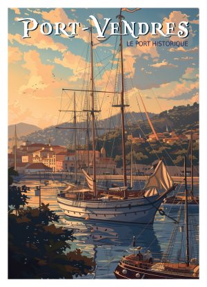 PORT-VENDRES, style néo vintange, port, voilier et village