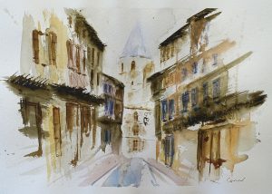 SOREZE, Style peinture, aquarelle ruelle clocher