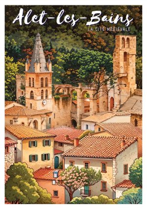Alet-les-Bains, style manga, église et village