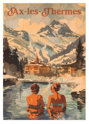 AX-LES-THERMES, style néo vintage, le bassin des Ladres et montagne