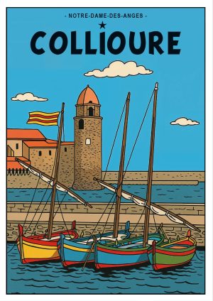 COLLIOURE, style BD, église et barques