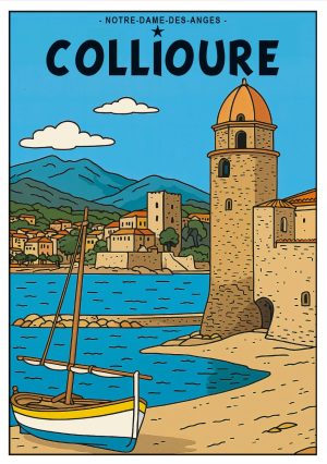 COLLIOURE, style BD, église, fort royal et barque