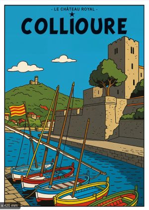 COLLIOURE, style BD, église, fort royal et barques
