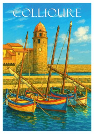 COLLIOURE, style manga, Eglise et barques 2