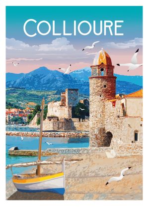 COLLIOURE, style neo vintage, église, fort royal et barque